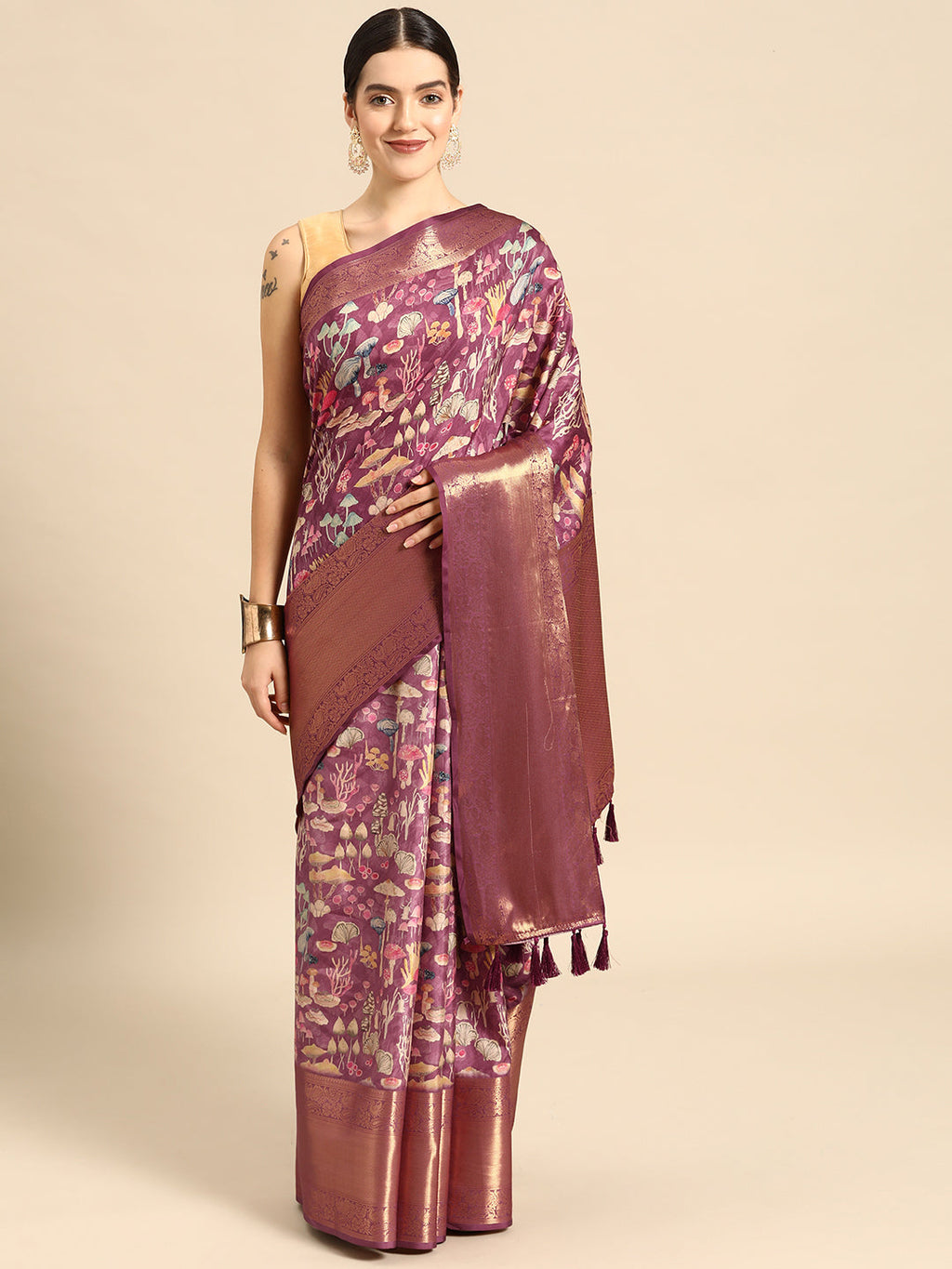 Purple Kanchipuram Silk Digital Print Floral Saree with Unstitched Blouse - Hiral Fashion | Grocsy