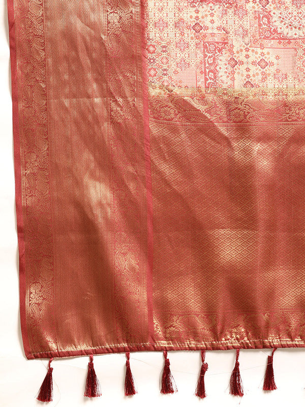 Maroon Kanchipuram Silk Digital Print Abstract Saree with Unstitched Blouse - Hiral Fashion | Grocsy