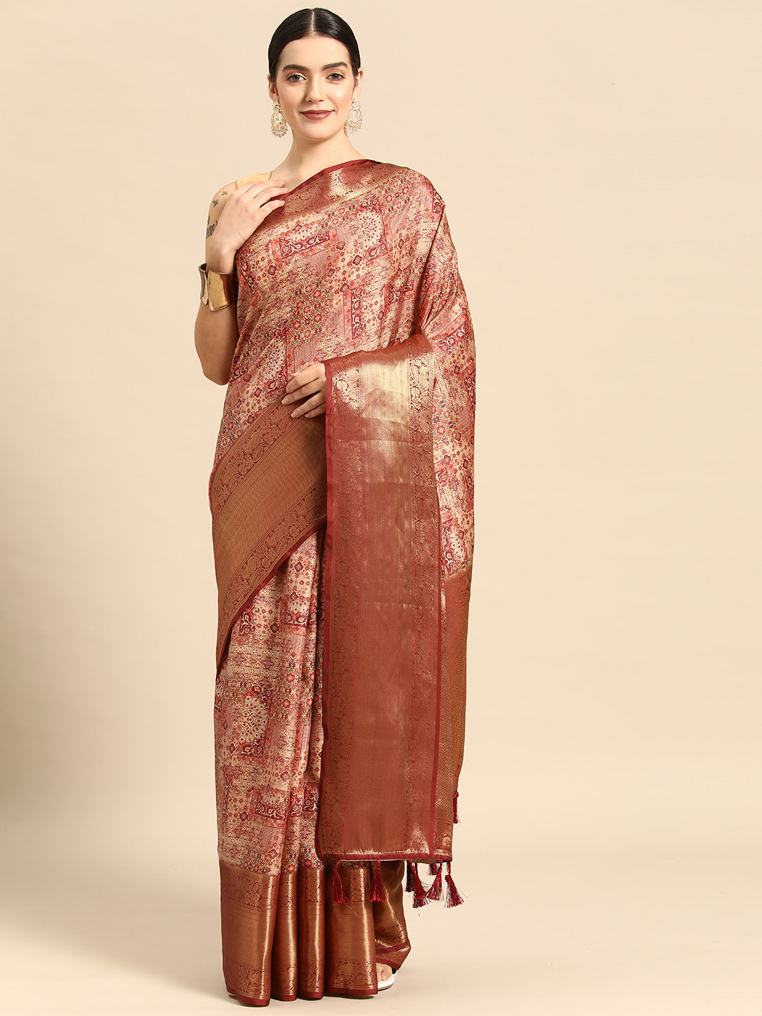 Maroon Kanchipuram Silk Digital Print Abstract Saree with Unstitched Blouse - Hiral Fashion | Grocsy