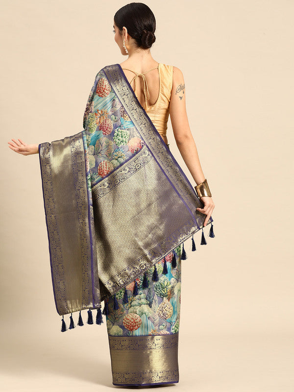 Blue Kanchipuram Silk Digital Print Floral Saree with Unstitched Blouse - Hiral Fashion | Grocsy