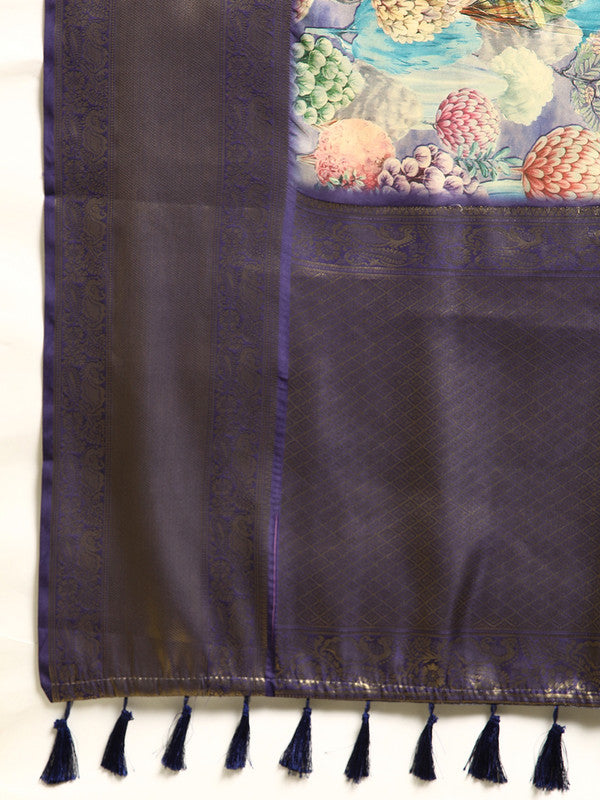 Blue Kanchipuram Silk Digital Print Floral Saree with Unstitched Blouse - Hiral Fashion | Grocsy