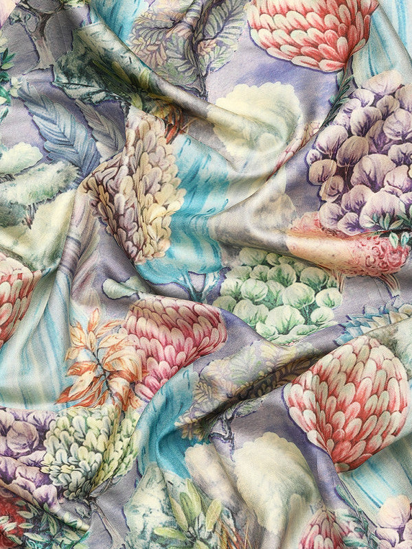 Blue Kanchipuram Silk Digital Print Floral Saree with Unstitched Blouse - Hiral Fashion | Grocsy