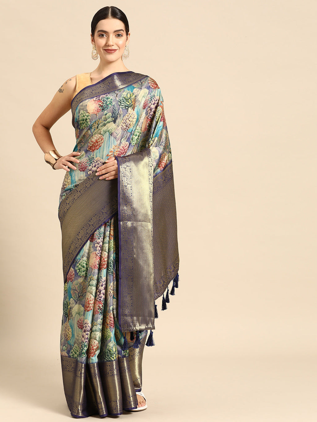 Blue Kanchipuram Silk Digital Print Floral Saree with Unstitched Blouse - Hiral Fashion | Grocsy