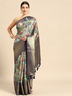 Blue Kanchipuram Silk Digital Print Floral Saree with Unstitched Blouse - Hiral Fashion | Grocsy