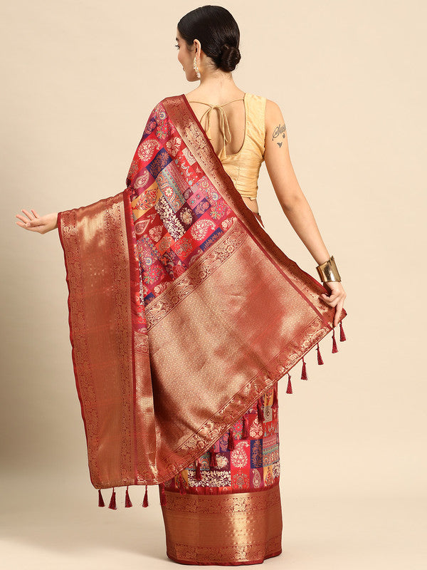 Multicolor Kanchipuram Silk Digital Print Paisely Saree with Unstitched Blouse - Hiral Fashion | Grocsy