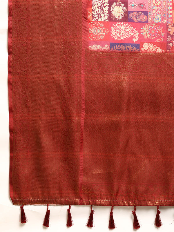 Multicolor Kanchipuram Silk Digital Print Paisely Saree with Unstitched Blouse - Hiral Fashion | Grocsy