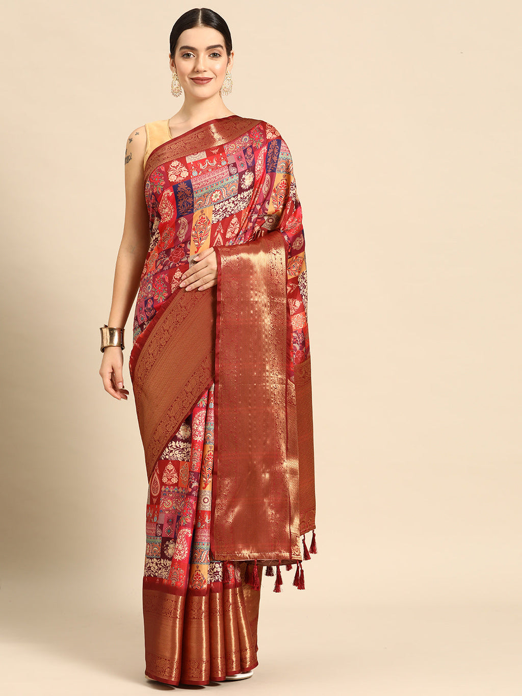 Multicolor Kanchipuram Silk Digital Print Paisely Saree with Unstitched Blouse - Hiral Fashion | Grocsy