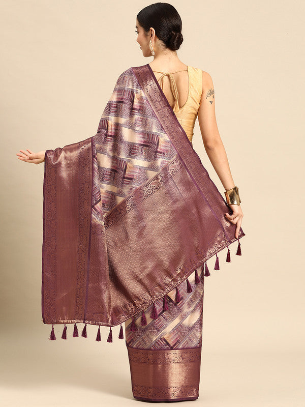 Beige Kanchipuram Silk Digital Print Geomatric Saree with Unstitched Blouse - Hiral Fashion | Grocsy