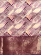 Beige Kanchipuram Silk Digital Print Geomatric Saree with Unstitched Blouse - Hiral Fashion | Grocsy