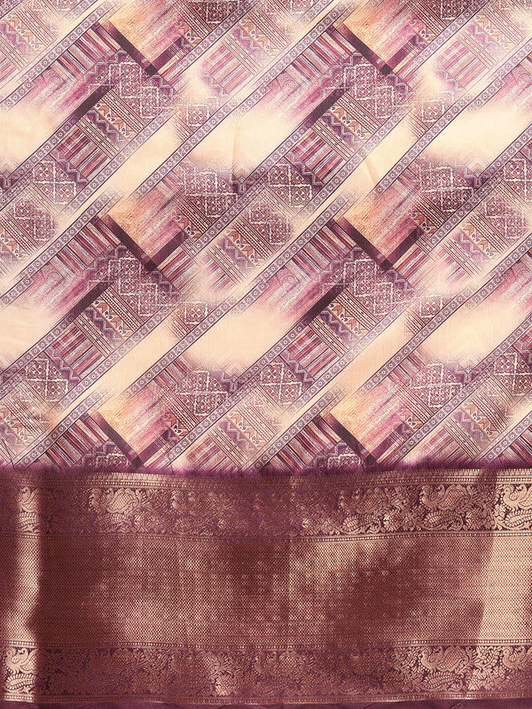 Beige Kanchipuram Silk Digital Print Geomatric Saree with Unstitched Blouse - Hiral Fashion | Grocsy