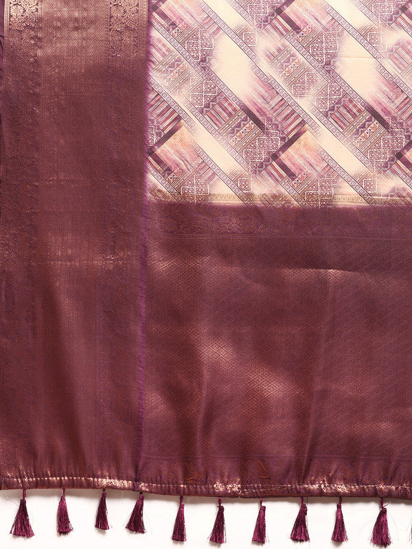 Beige Kanchipuram Silk Digital Print Geomatric Saree with Unstitched Blouse - Hiral Fashion | Grocsy