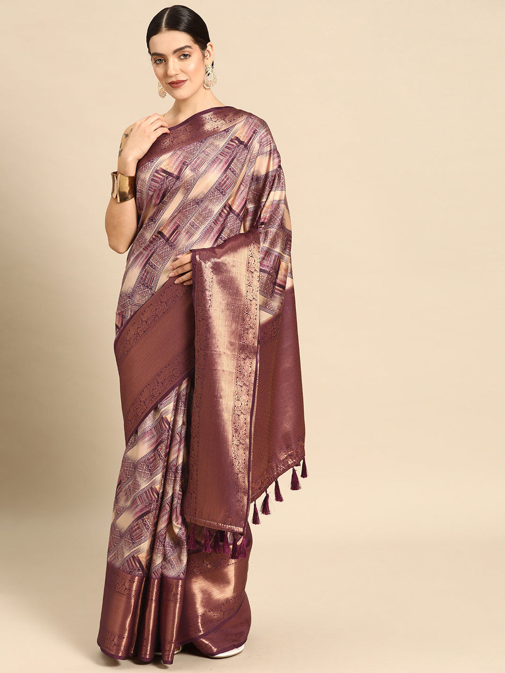 Beige Kanchipuram Silk Digital Print Geomatric Saree with Unstitched Blouse - Hiral Fashion | Grocsy