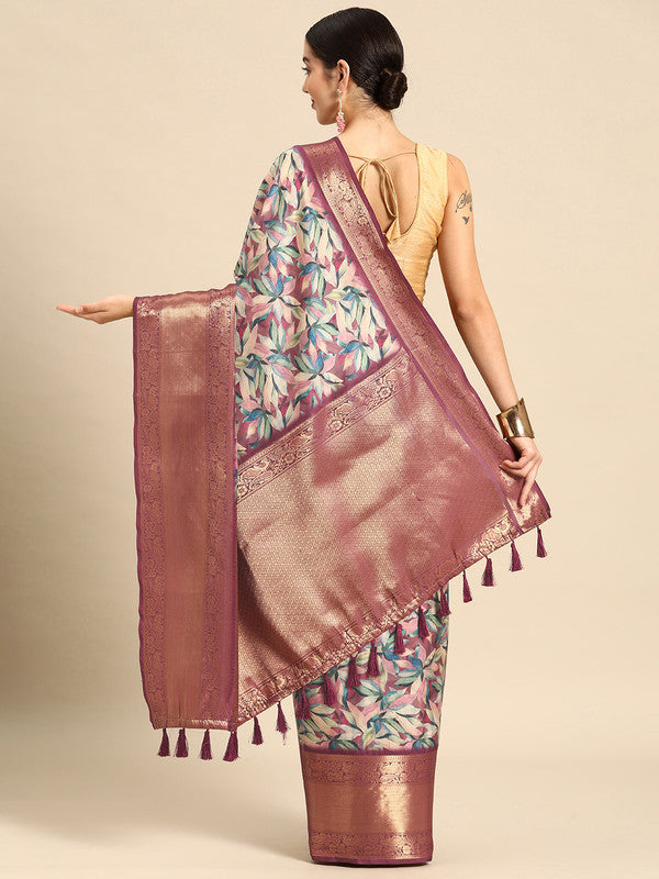 Multicolor Kanchipuram Silk Digital Print Floral Saree with Unstitched Blouse - Hiral Fashion | Grocsy
