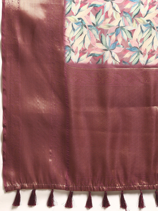 Multicolor Kanchipuram Silk Digital Print Floral Saree with Unstitched Blouse - Hiral Fashion | Grocsy