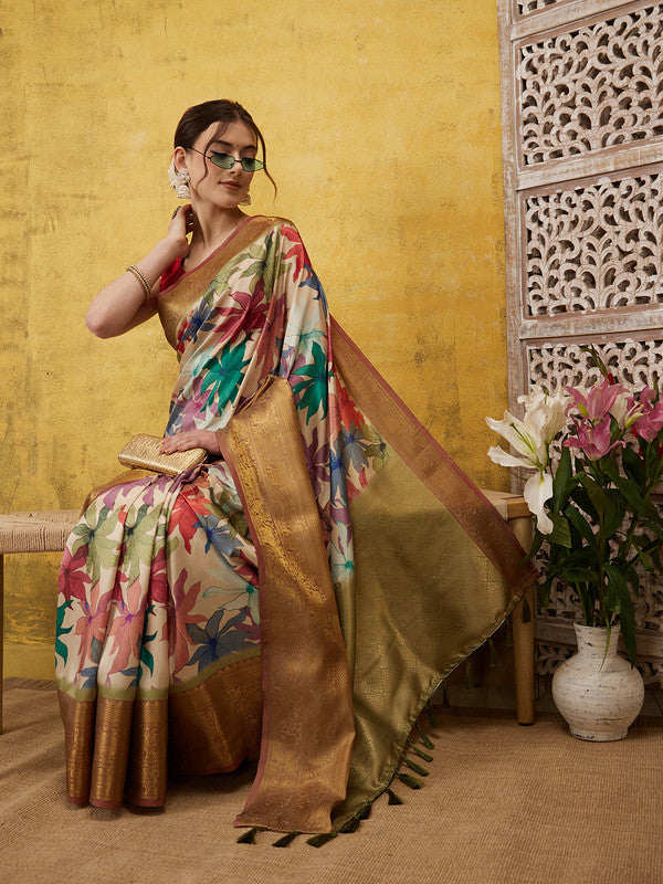Beige Kanjeevaram Silk Digital Print Floral Saree with Unstitched Blouse - Hiral Fashion | Grocsy