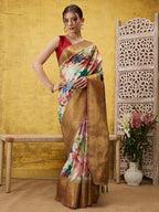 Beige Kanjeevaram Silk Digital Print Floral Saree with Unstitched Blouse - Hiral Fashion | Grocsy