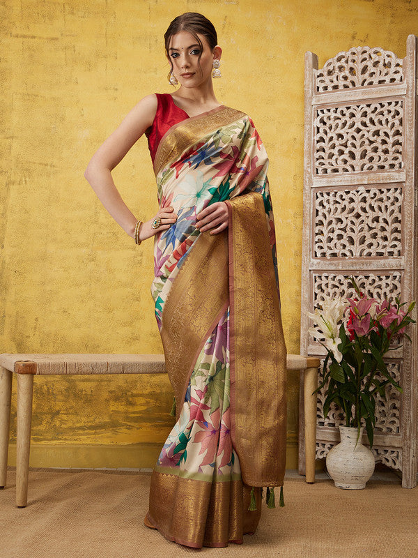 Beige Kanjeevaram Silk Digital Print Floral Saree with Unstitched Blouse - Hiral Fashion | Grocsy