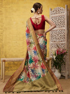 Beige Kanjeevaram Silk Digital Print Floral Saree with Unstitched Blouse - Hiral Fashion | Grocsy
