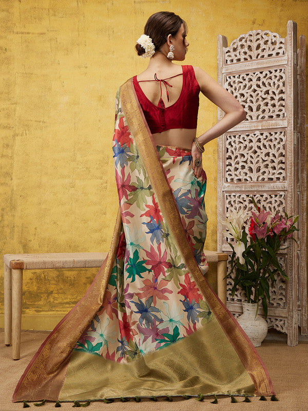 Beige Kanjeevaram Silk Digital Print Floral Saree with Unstitched Blouse - Hiral Fashion | Grocsy