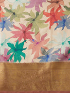 Beige Kanjeevaram Silk Digital Print Floral Saree with Unstitched Blouse - Hiral Fashion | Grocsy