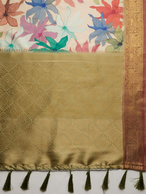 Beige Kanjeevaram Silk Digital Print Floral Saree with Unstitched Blouse - Hiral Fashion | Grocsy