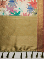 Beige Kanjeevaram Silk Digital Print Floral Saree with Unstitched Blouse - Hiral Fashion | Grocsy