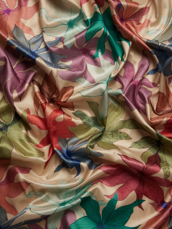 Beige Kanjeevaram Silk Digital Print Floral Saree with Unstitched Blouse - Hiral Fashion | Grocsy