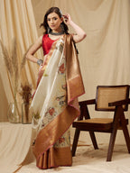 Beige Kanjeevaram Silk Digital Print Animal Print Saree with Unstitched Blouse - Hiral Fashion | Grocsy