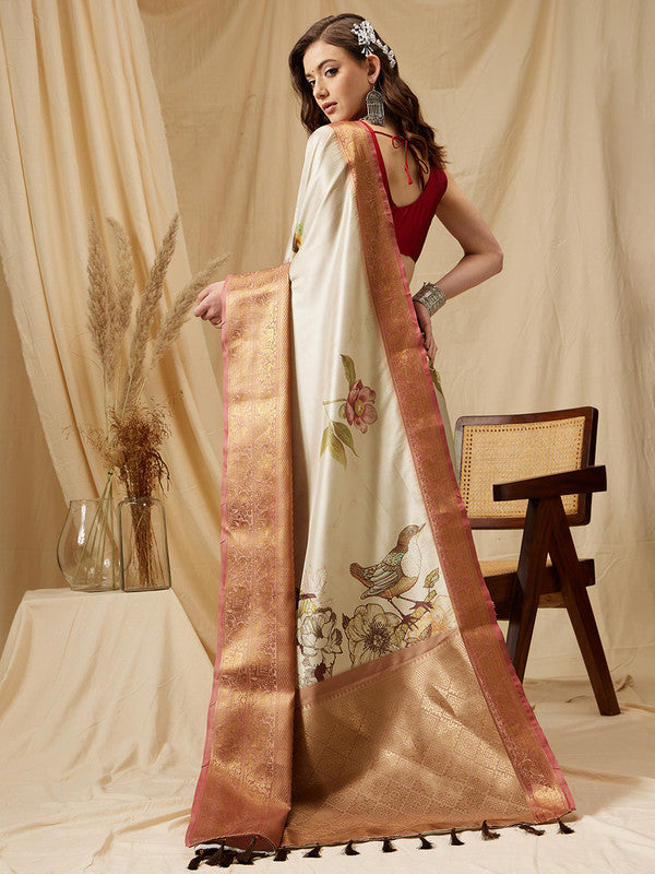 Beige Kanjeevaram Silk Digital Print Animal Print Saree with Unstitched Blouse - Hiral Fashion | Grocsy