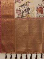 Beige Kanjeevaram Silk Digital Print Animal Print Saree with Unstitched Blouse - Hiral Fashion | Grocsy