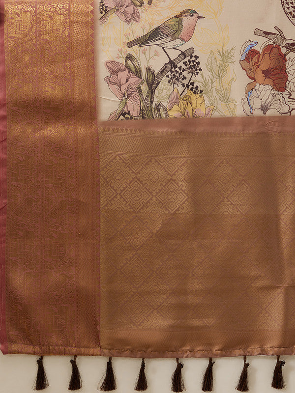 Beige Kanjeevaram Silk Digital Print Animal Print Saree with Unstitched Blouse - Hiral Fashion | Grocsy