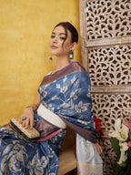 Blue Kanjeevaram Silk Digital Print Floral Saree with Unstitched Blouse - Hiral Fashion | Grocsy