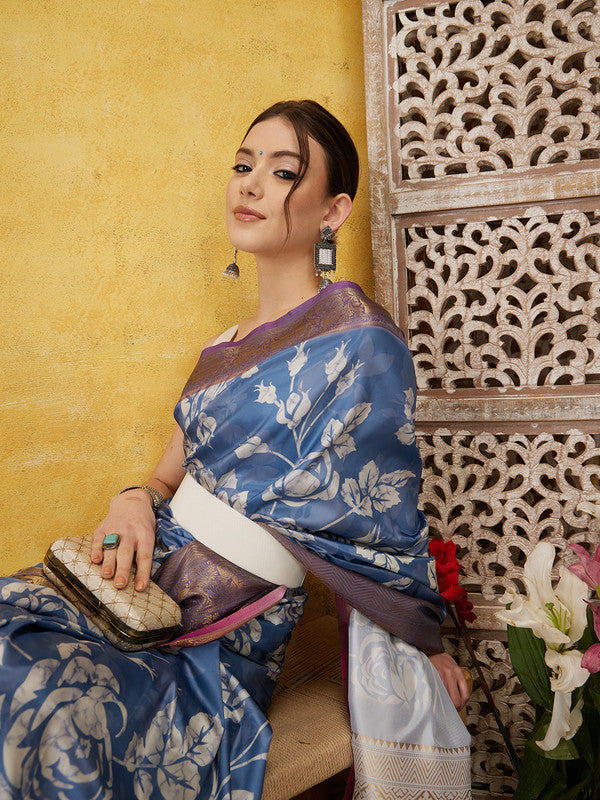 Blue Kanjeevaram Silk Digital Print Floral Saree with Unstitched Blouse - Hiral Fashion | Grocsy