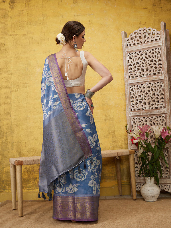 Blue Kanjeevaram Silk Digital Print Floral Saree with Unstitched Blouse - Hiral Fashion | Grocsy