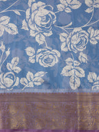 Blue Kanjeevaram Silk Digital Print Floral Saree with Unstitched Blouse - Hiral Fashion | Grocsy