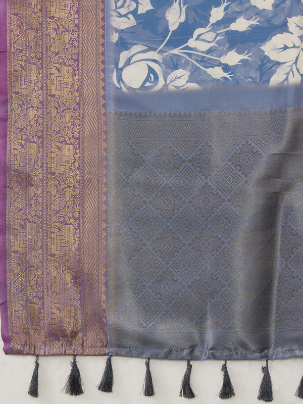 Blue Kanjeevaram Silk Digital Print Floral Saree with Unstitched Blouse - Hiral Fashion | Grocsy