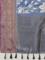 Blue Kanjeevaram Silk Digital Print Floral Saree with Unstitched Blouse - Hiral Fashion | Grocsy