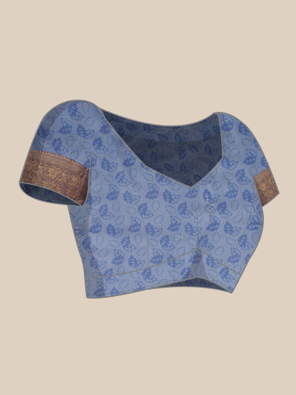 Blue Kanjeevaram Silk Digital Print Floral Saree with Unstitched Blouse - Hiral Fashion | Grocsy