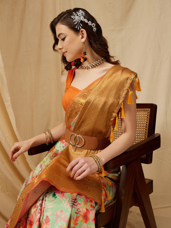Green Kanjeevaram Silk Digital Print Floral Saree with Unstitched Blouse - Hiral Fashion | Grocsy