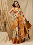 Green Kanjeevaram Silk Digital Print Floral Saree with Unstitched Blouse - Hiral Fashion | Grocsy