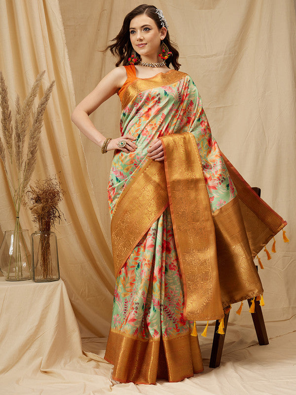 Green Kanjeevaram Silk Digital Print Floral Saree with Unstitched Blouse - Hiral Fashion | Grocsy