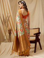 Green Kanjeevaram Silk Digital Print Floral Saree with Unstitched Blouse - Hiral Fashion | Grocsy