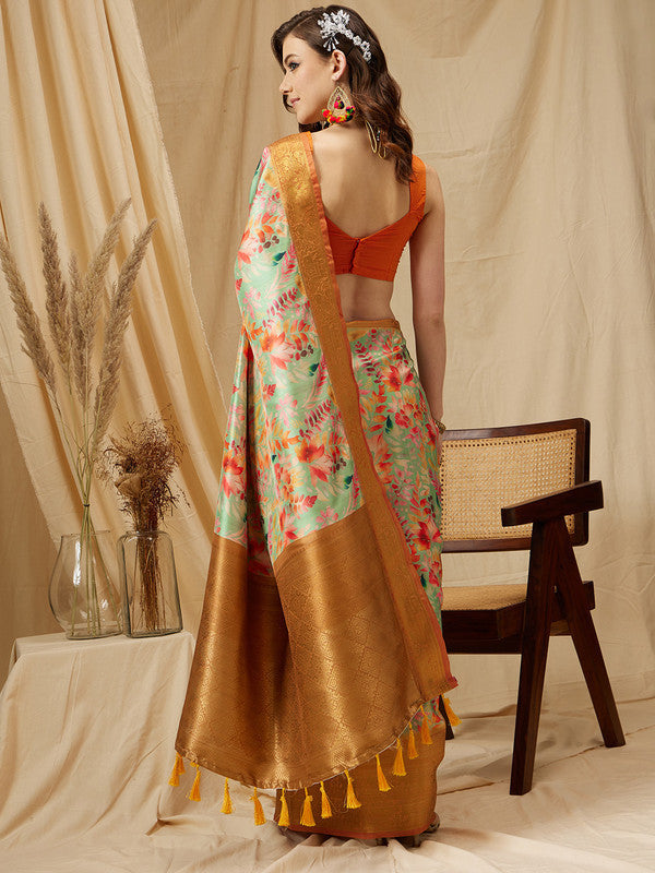 Green Kanjeevaram Silk Digital Print Floral Saree with Unstitched Blouse - Hiral Fashion | Grocsy