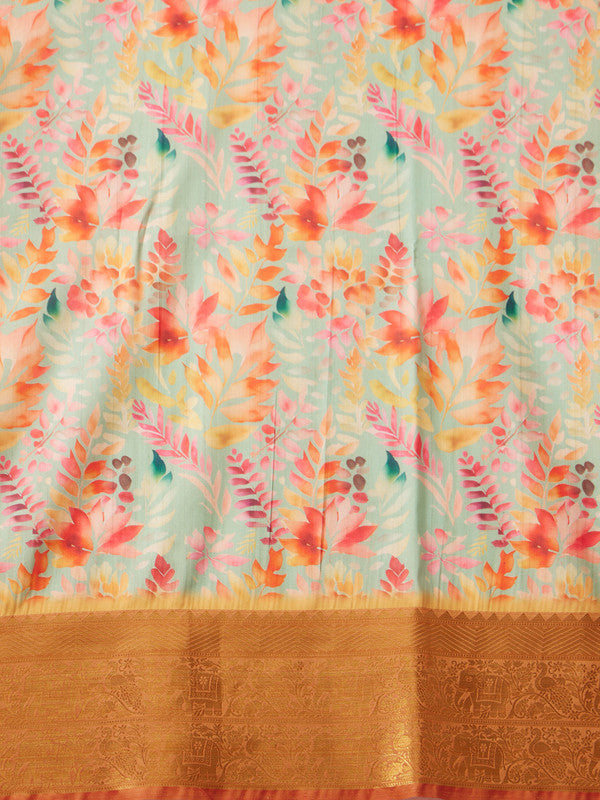Green Kanjeevaram Silk Digital Print Floral Saree with Unstitched Blouse - Hiral Fashion | Grocsy