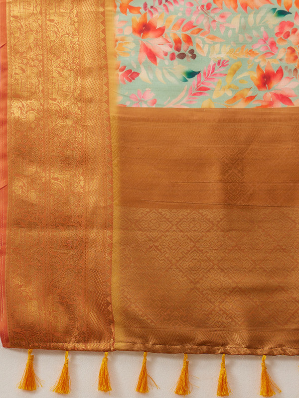 Green Kanjeevaram Silk Digital Print Floral Saree with Unstitched Blouse - Hiral Fashion | Grocsy