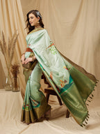 Olive Kanjeevaram Silk Digital Print Animal Print Saree with Unstitched Blouse - Hiral Fashion | Grocsy