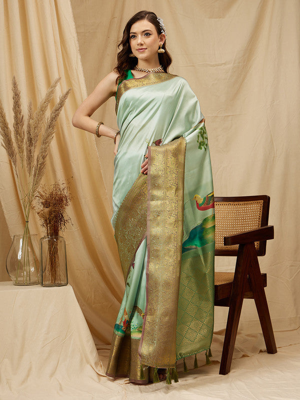 Olive Kanjeevaram Silk Digital Print Animal Print Saree with Unstitched Blouse - Hiral Fashion | Grocsy
