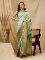 Olive Kanjeevaram Silk Digital Print Animal Print Saree with Unstitched Blouse - Hiral Fashion | Grocsy