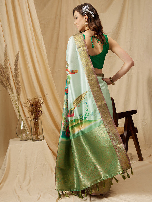 Olive Kanjeevaram Silk Digital Print Animal Print Saree with Unstitched Blouse - Hiral Fashion | Grocsy