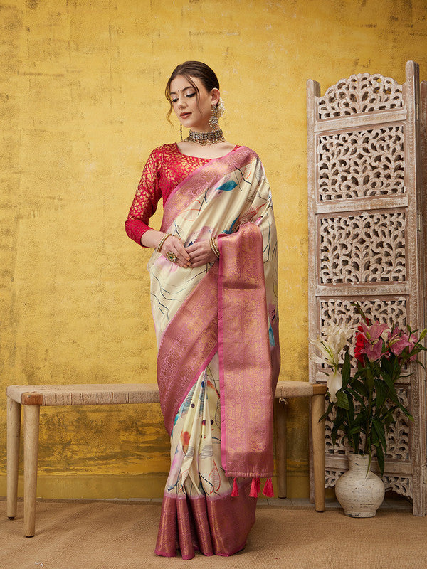 Multicolor Kanjeevaram Silk Digital Print Floral Saree with Unstitched Blouse - Hiral Fashion | Grocsy